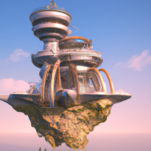 3d render of a floating futuristic castle in a cle